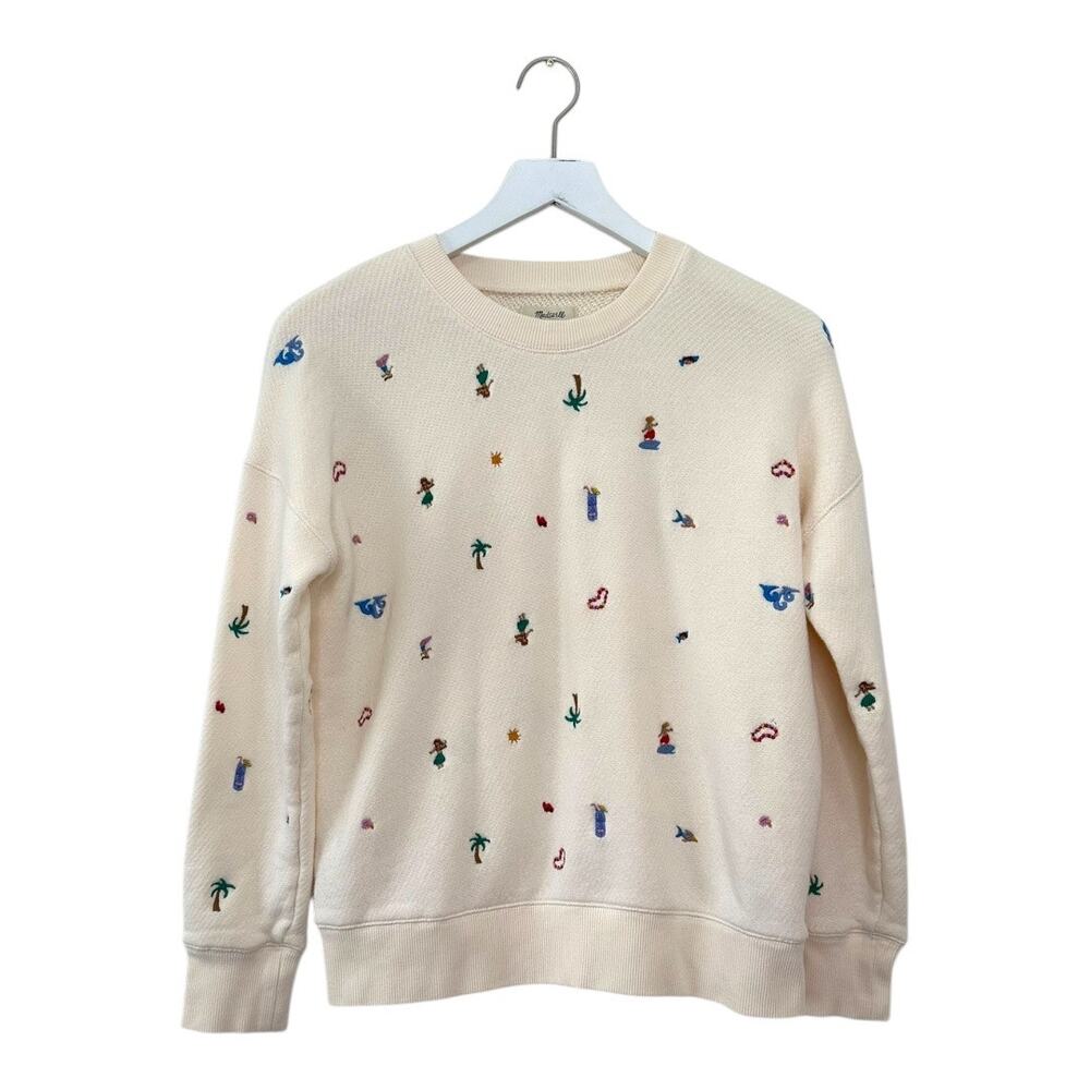 Madewell Embroidered Beach Scene Cream Cotton Sweater Size Small